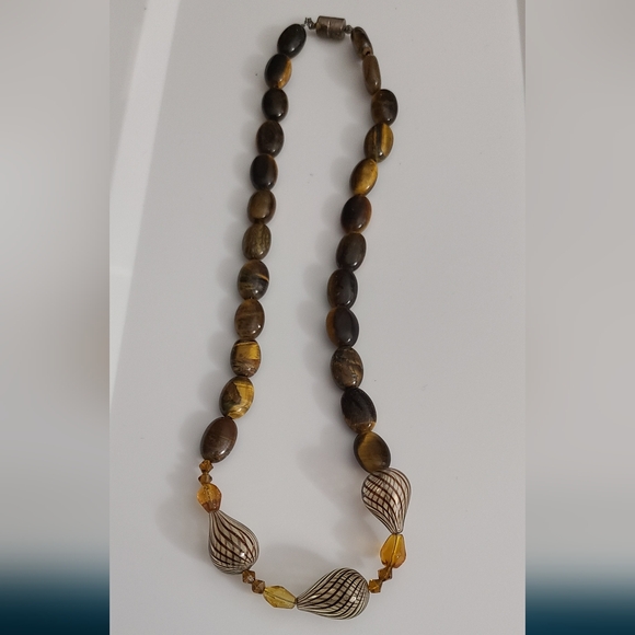 Vintage 80's Murano Glass Stripe & Tigers Eye Gemstones Czech Amber Necklace Vtg - Picture 2 of 16